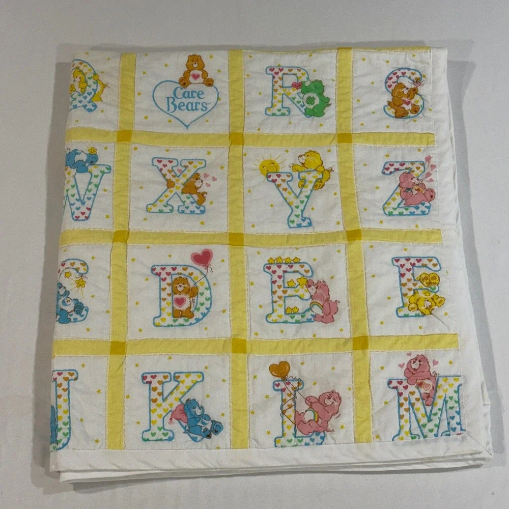 Vintage 80s Care Bears Alphabet Baby Quilt Blanket ABC Nursery Yellow 45x41